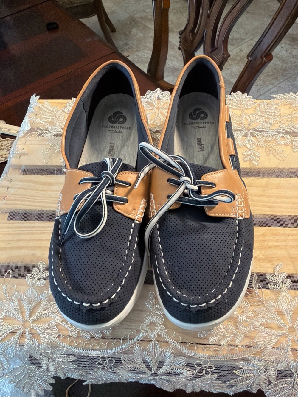 Clarks Navy and Tan Perforated Boat Shoes